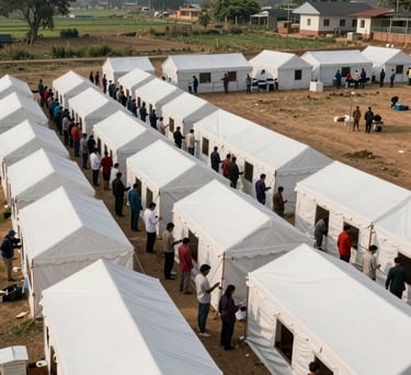 A wide shot of a mobile medical camp in a South Asian rural landscape, with white tents and organized queues, conveying a sense of order and care.