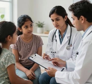 A healthcare provider explaining a chart to a South Asian family in a bright, modern consultation room, focusing on clarity and compassion.