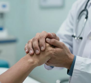 A close-up of a doctor's hand holding a patient's hand in a reassuring gesture, set in a clean South Asian clinic, soft blue tones.