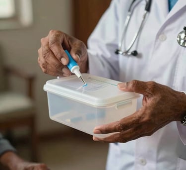 A close-up photograph of a South Asian healthcare worker's hands handing a clean medical kit to an elderly person, emphasizing compassion and integrity.