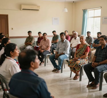 A candid shot of a health awareness workshop in a South Asian rural community center, people listening attentively, clean and professional setting.