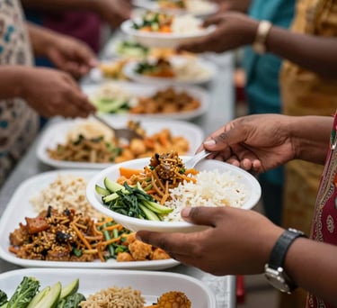 Photography of a nutritious meal being served during a food distribution drive in a South Asian community, focusing on the hands and fresh food.