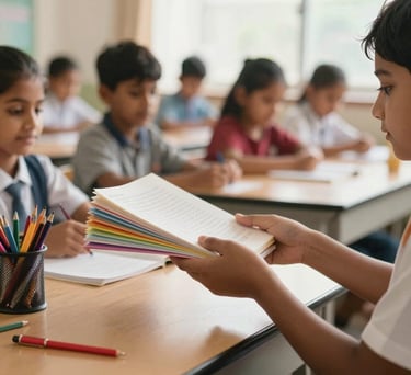 A close-up photograph of school supplies and books being handed to a South Asian child in a bright classroom, warm natural light, soft focus background.