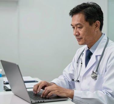 An Indonesian doctor in West Kalimantan using a laptop for a telemedicine consultation, professional and technological atmosphere in a clean clinic.