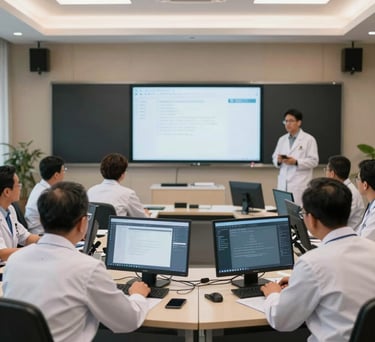A modern medical conference room in West Kalimantan with doctors participating in a digital transformation workshop, featuring screens and collaborative tech.
