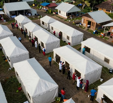 An aerial view of a healthcare outreach program in a remote area of West Kalimantan, showing organized medical tents and local community interaction.