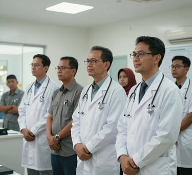 A group of medical professionals in West Kalimantan standing together during a public health education session, bright and modern clinical setting.