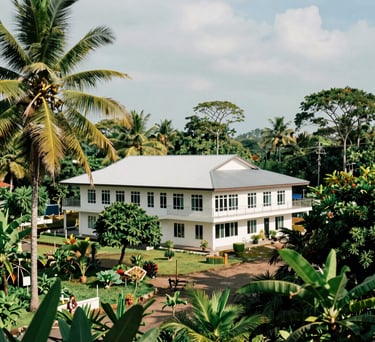 A scenic view of a health center in a border region of West Kalimantan, surrounded by tropical greenery, bright daylight, modern architecture.
