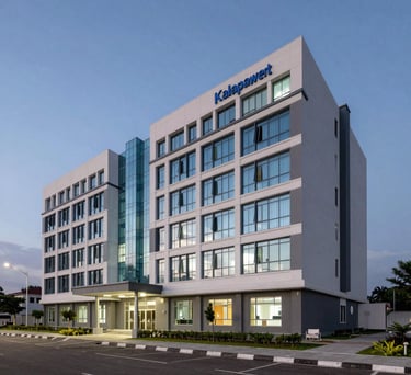 A beautiful architectural shot of a modern medical facility in West Kalimantan at dusk, emphasizing a clean, functional, and professional design.