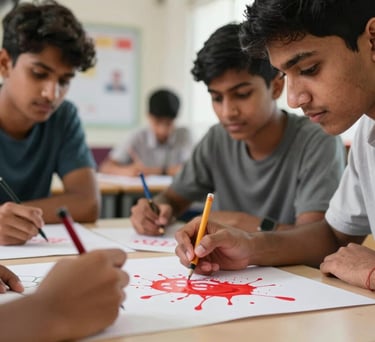 A close-up of South Asian students collaborating on a creative art project in a bright classroom. Splashes of red and white in the background.