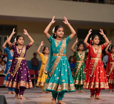 A vibrant shot of South Asian school children participating in a cultural dance performance on a school stage, wearing colorful traditional dress.