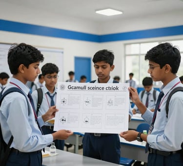 A photography shot of South Asian students in Gajraula during a science exhibition, displaying a project with pride. The setting is a clean, modern school hall with white and royal blue accents.