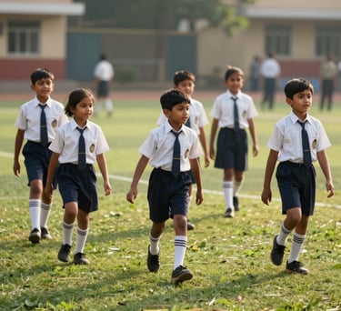 A group of South Asian children in clean school uniforms playing on a green school field in the afternoon sun. Vibrant, educational, and nurturing atmosphere.