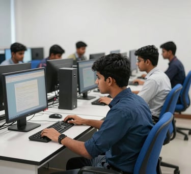 Students in a modern computer lab in India, using desktop computers. The room is bright with white walls and royal blue chairs.