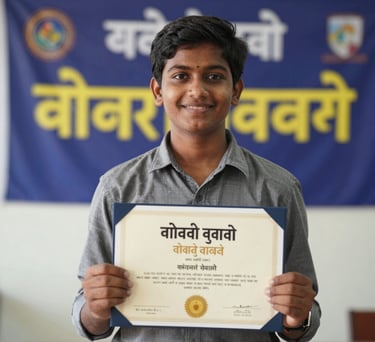 A smiling South Asian student holding a certificate of achievement, standing in front of a school banner. The lighting is bright and celebratory, reflecting a sense of pride and academic excellence.