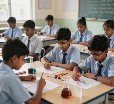 A vibrant scene of South Asian students participating in a creative science activity at a school in India. The classroom is bright and well-equipped, emphasizing a nurturing and modern educational environment.