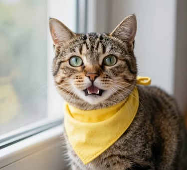 Retrato de un gato atigrado de ojos verdes con un pañuelo amarillo brillante junto a una ventana.