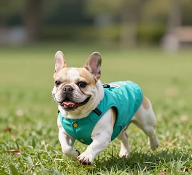 Un adorable bulldog francés con un chaleco turquesa corriendo por un campo de hierba verde.