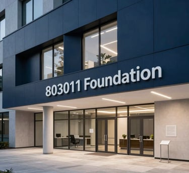 A professional interior photograph of the 803011 Foundation's headquarters in the US. The architecture is biophilic and modern, with a palette of navy, light grey, and white, signifying trust and innovation.