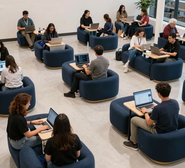 An impactful wide shot of a community digital hub in North America. Diverse groups of professionals and students are using innovative technology platforms in a space filled with light and modern navy blue furniture.