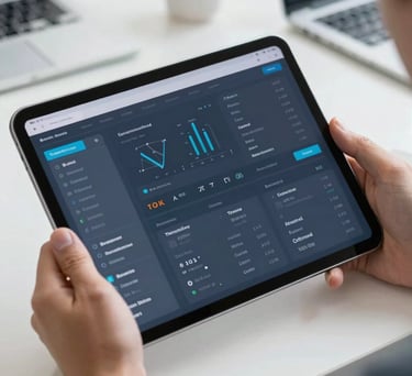 A close-up of a modern tablet displaying a data-rich dashboard with clean blue and slate-grey interface elements, held by professional hands in a North American corporate office setting, bright natural light.