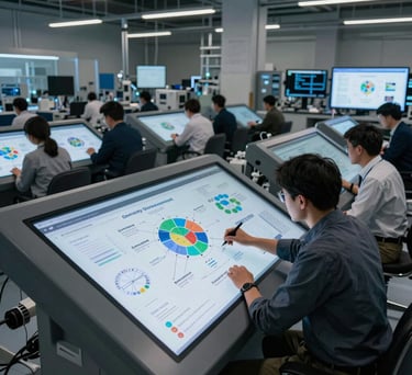 A high-resolution photograph of a modern research facility showing data scientists analyzing community development models on large, interactive touchscreens. The lighting is focused and professional.