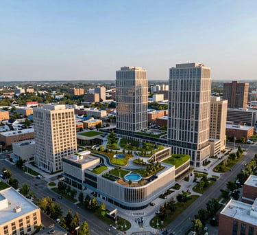 An aerial view of a vibrant North American urban development project with integrated green spaces and modern sustainable architecture, captured in soft morning light with blue and off-white color tones.