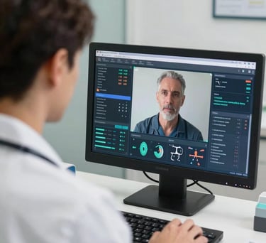 A close-up photograph of a telemedicine consultation in a modern US clinic. A healthcare provider is interacting with a patient via a high-definition screen showing medical data analytics in a professional setting.