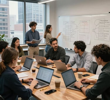 A vibrant photograph of a startup incubation lab in a North American city. Entrepreneurs are collaborating around a large wooden table with sleek laptops and whiteboards filled with strategic plans. The style is professional and energetic.