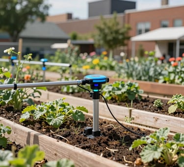 An outdoor photograph of a sustainable community garden in a North American urban area, featuring smart irrigation technology. The setting is bright and inspires confidence in green, tech-driven progress.