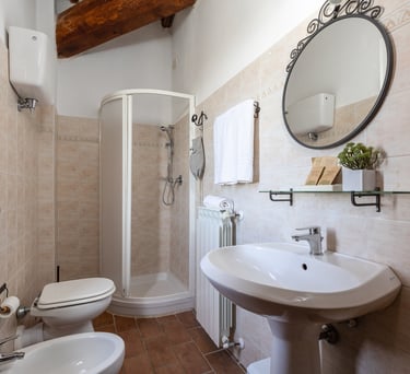 Rustic bathroom interior with a white pedestal sink, tiled shower, bidet, and oval mirror with a decorative frame.