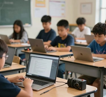 Documentary photography of a North American classroom where students are using new educational technology provided by a foundation, with natural lighting.