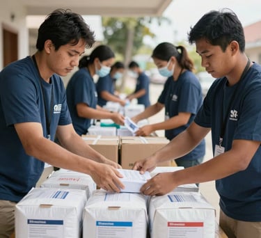 Action shot of humanitarian aid delivery in a US community, showing volunteers in professional gear organizing medical supplies. Palette: slate blue and tan.