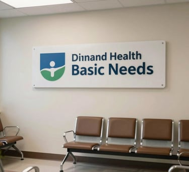 A professional image of a clean, modern health clinic waiting room in the US, signifying dignity in humanitarian welfare and basic needs.