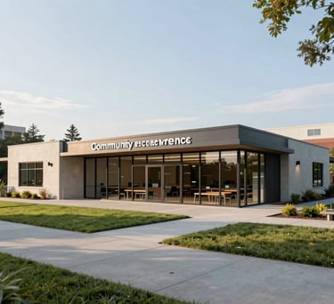 A wide, professional architectural shot of a modern, clean community resource center in a North American urban park setting. The lighting is clear and bright, emphasizing a sophisticated and safe environment for local development.