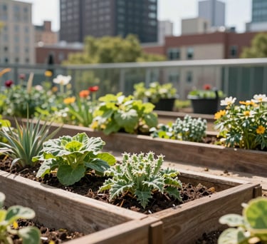 Clean, professional photograph of a community garden in an urban North American setting, representing local empowerment and sustainable health.