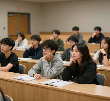 Photography of a lecture hall in a US university with students listening intently, representing knowledge access and critical thinking.
