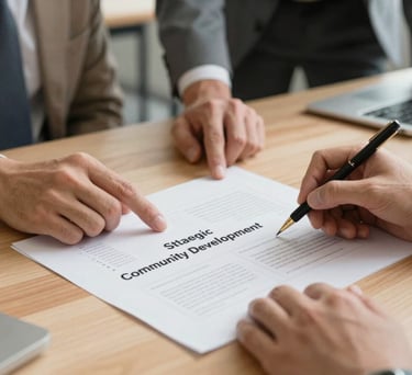 A close-up photograph of hands working together to review a strategic community development plan on a clean, wooden table. The style is professional and grounded, featuring soft, warm tones of tan and off-white in a US office environment.