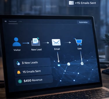 Sales funnel process from visitor to lead, email, and final purchase on digital dashboard