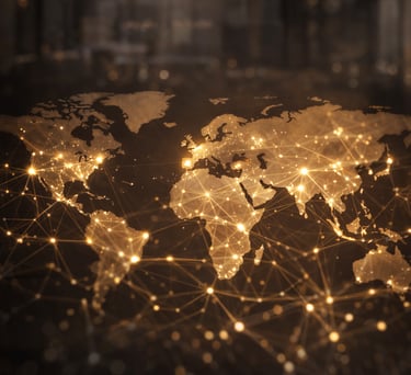 Global digital network map showing connected businesses and worldwide online growth