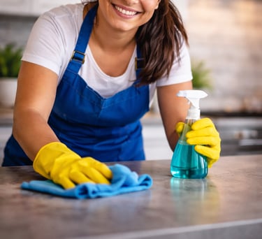 Cleaning professional using spray bottle and gloves representing cleaning service business