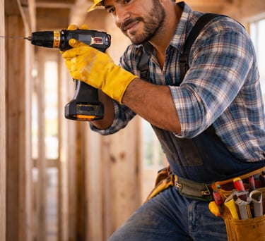 Construction worker using power tool representing building and contractor services