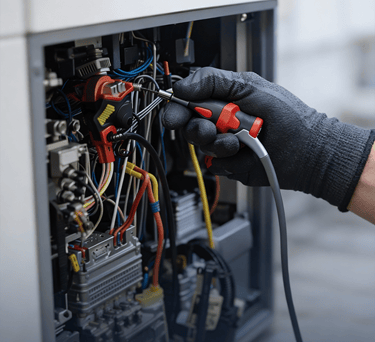 HVAC technician testing electrical components and system wiring during HVAC diagnostic inspection