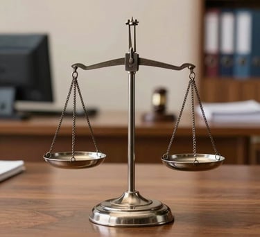 Close-up of a scale of justice made of polished steel on a solid wooden desk, blurred legal office background, professional and sober lighting, Italian / European legal setting.