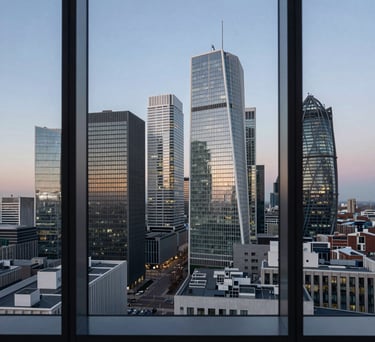 View of a modern European city business district through a clean high-rise office window at dusk, emphasizing a global and contemporary legal reach, professional atmosphere.