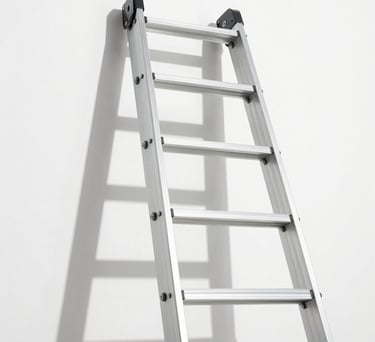 Low-angle architectural elevation of a pristine aluminum industrial extension ladder against a stark white background, sharp midday shadows, 50mm lens
