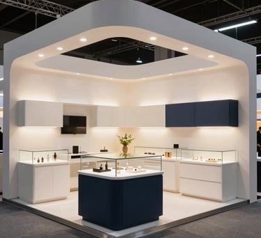 A luxury exhibition stand with modern white and navy blue furniture, high-end display cases, and soft glowing lights, professional South American trade fair environment.