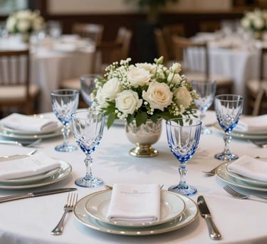 Elegant table setting for a corporate gala dinner, featuring blue crystal glasses, fine china, and white floral centerpieces in a sophisticated Brazilian venue.
