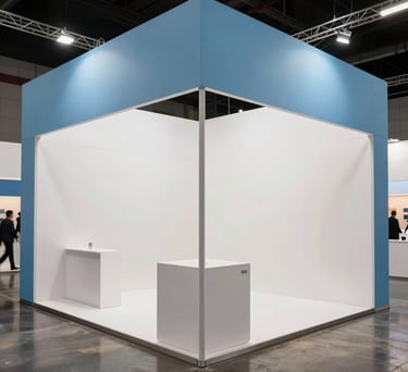 An interior shot of a modern exhibition booth with sleek minimalist design, light blue and white color scheme, located inside a contemporary Brazilian convention center with polished floors.