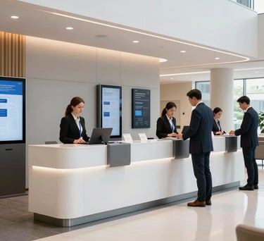 A modern reception area for a congress, featuring a sleek registration desk, digital kiosks, and professional staff assisting attendees in a bright foyer.